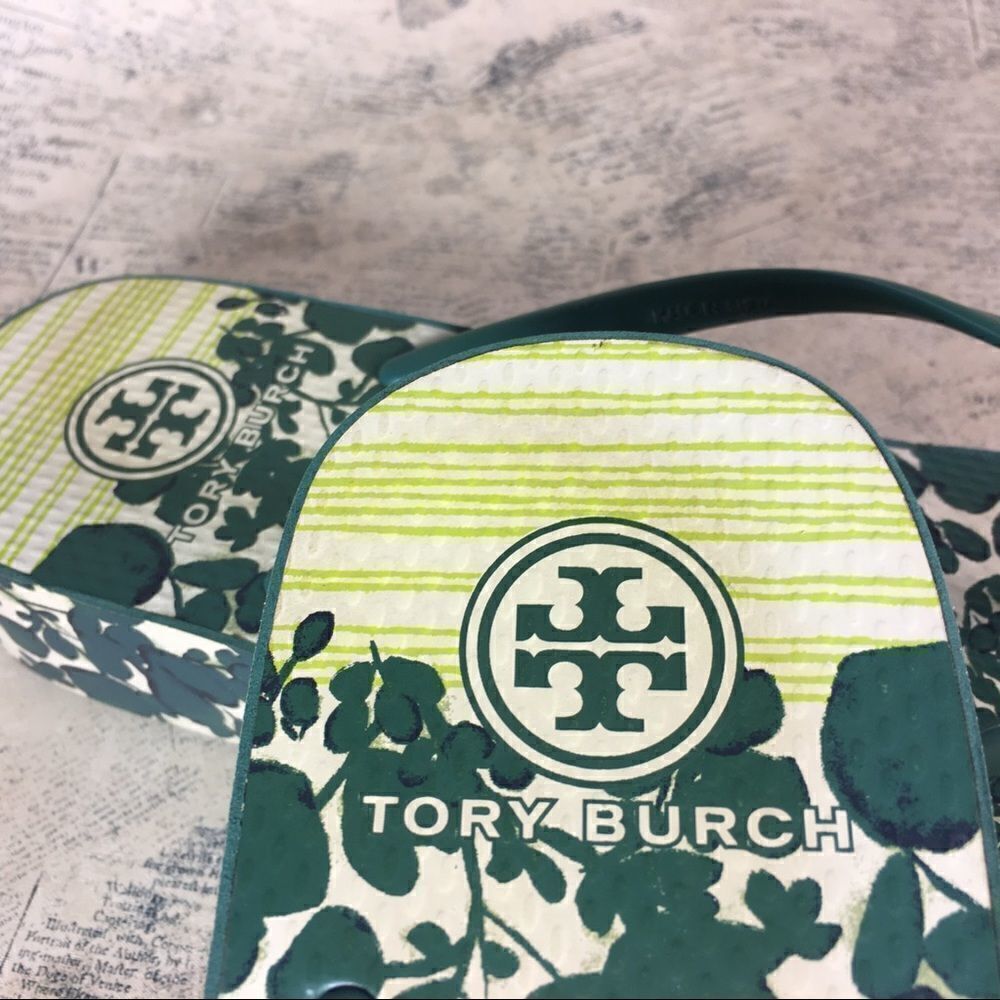 Tory Burch Green Leaf Print Rubber Flip Flop Sandals Tropical Resort Summer - Picture 11 of 14
